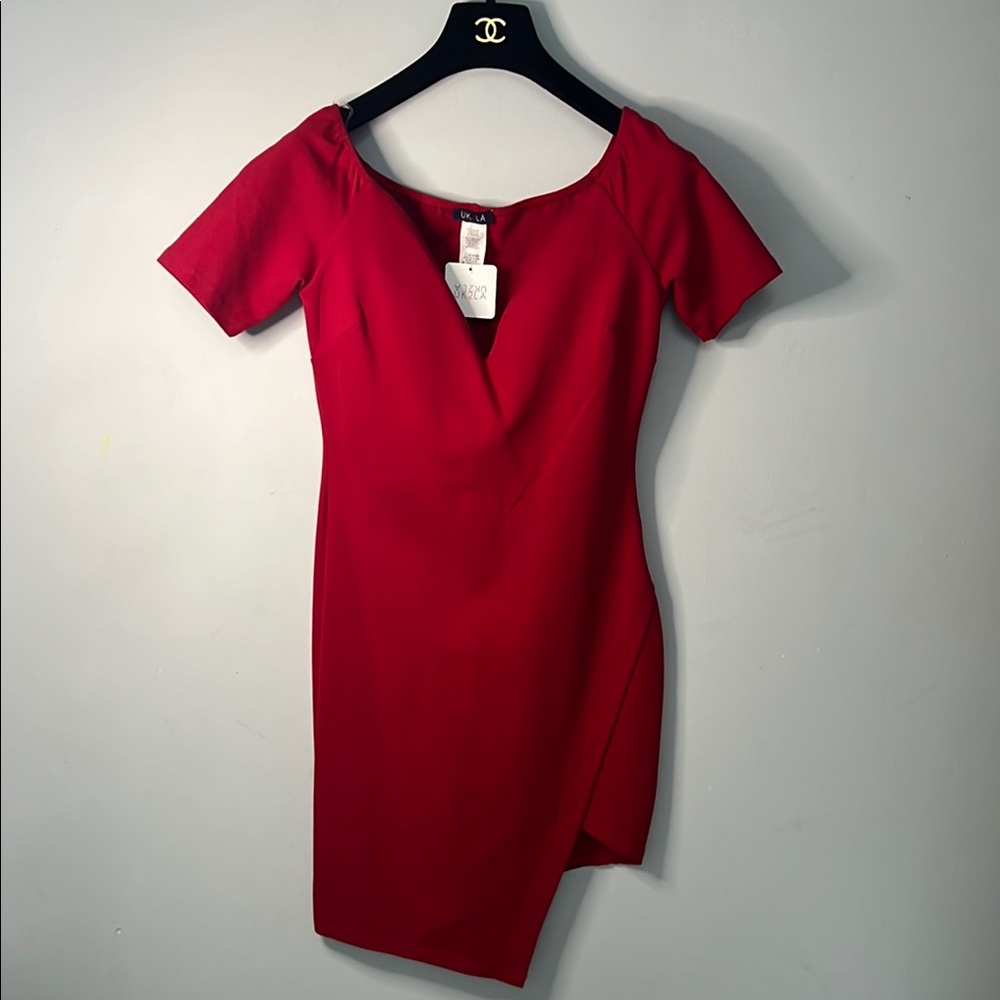 UK2LA Red Asymmetrical V-Neck Cocktail Dress